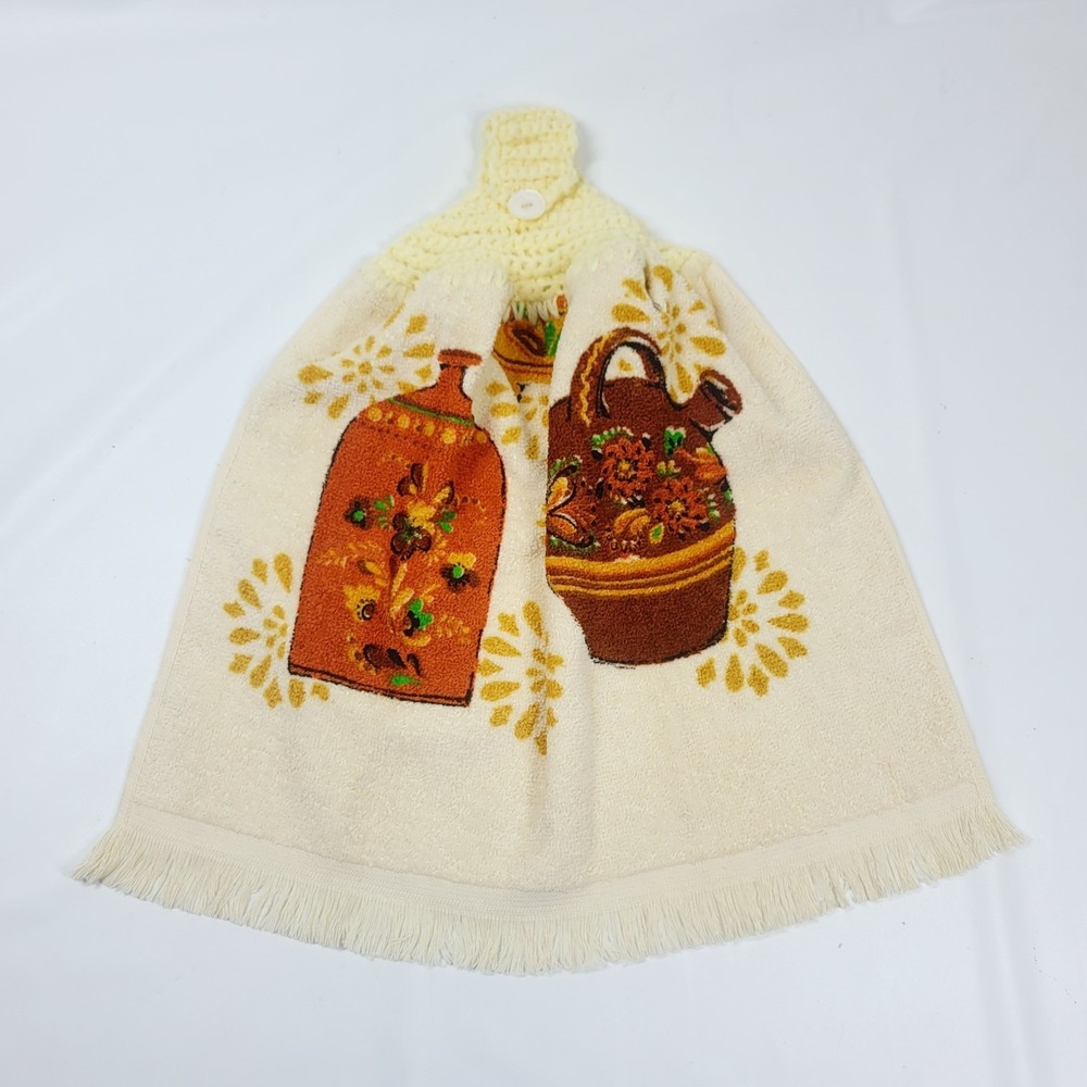 Vintage 70s Crochet Cannon Dish Towel  Fringe Southwestern Pots New Unused